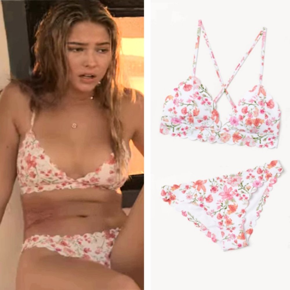 H&M White Floral Bikini Set with Pink and Green Accents